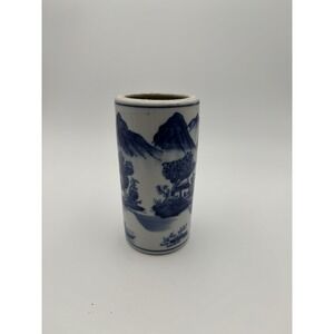 Antique Hand Painted Chinese Brush Pot Cylinder Vase Blue White